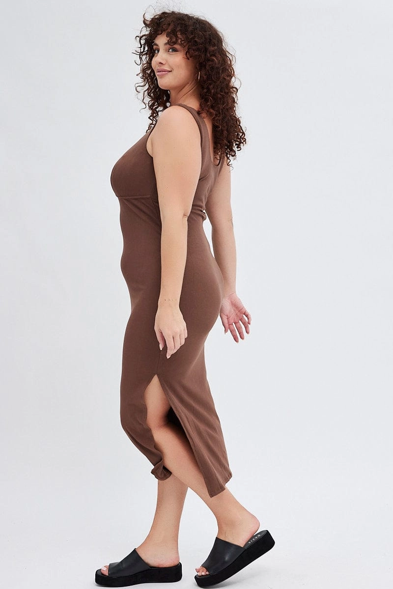 Silky Shine Easy Going Brown Bodycon Dress Rib Jersey Sleeveless Midi