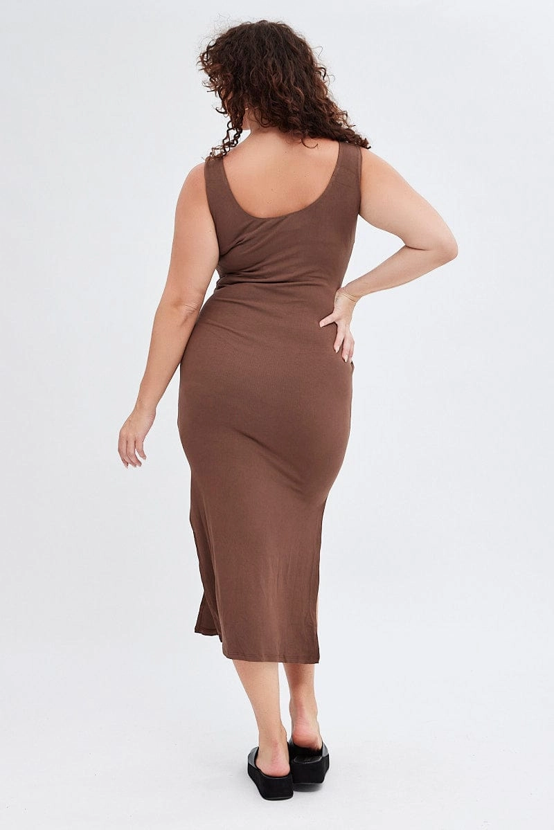 Morning Wear Brown Bodycon Dress Rib Jersey Sleeveless Midi