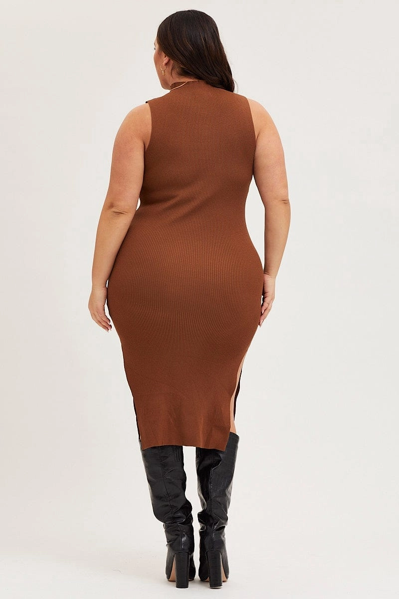 Brown Bodycon Dress Round Neck Sleeveless Scandi Clean