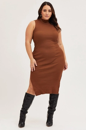 Brown Bodycon Dress Round Neck Sleeveless tailored look Smart and Stylish