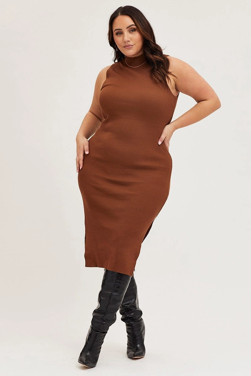All-Occasion Wear slim fit Brown Bodycon Dress Round Neck Sleeveless
