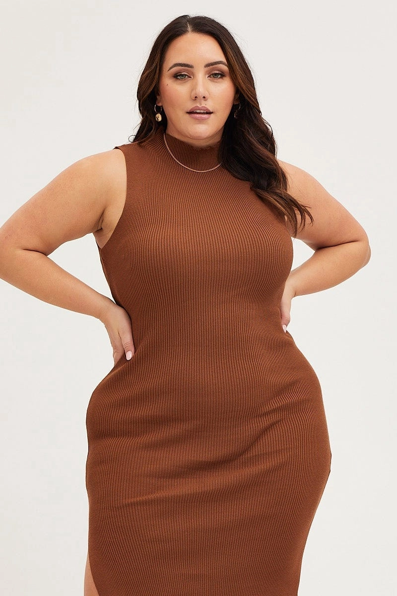 Brown Bodycon Dress Round Neck Sleeveless Glamorous look