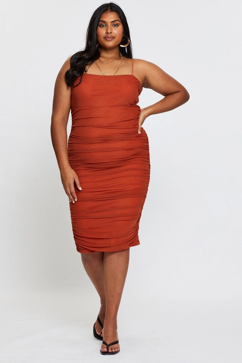All-Season Comfort Calm Energy Brown Bodycon Dress Square Neck Sleeveless Midi