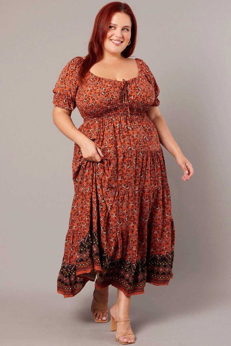 Fall Ready Brown Boho Maxi Dress Short Sleeve Cut Out Tiered