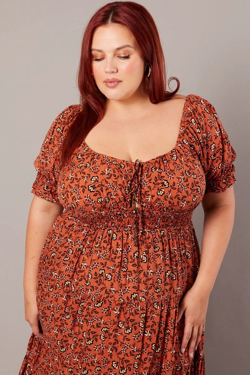 Sleek Design Easy Going Brown Boho Maxi Dress Short Sleeve Cut Out Tiered