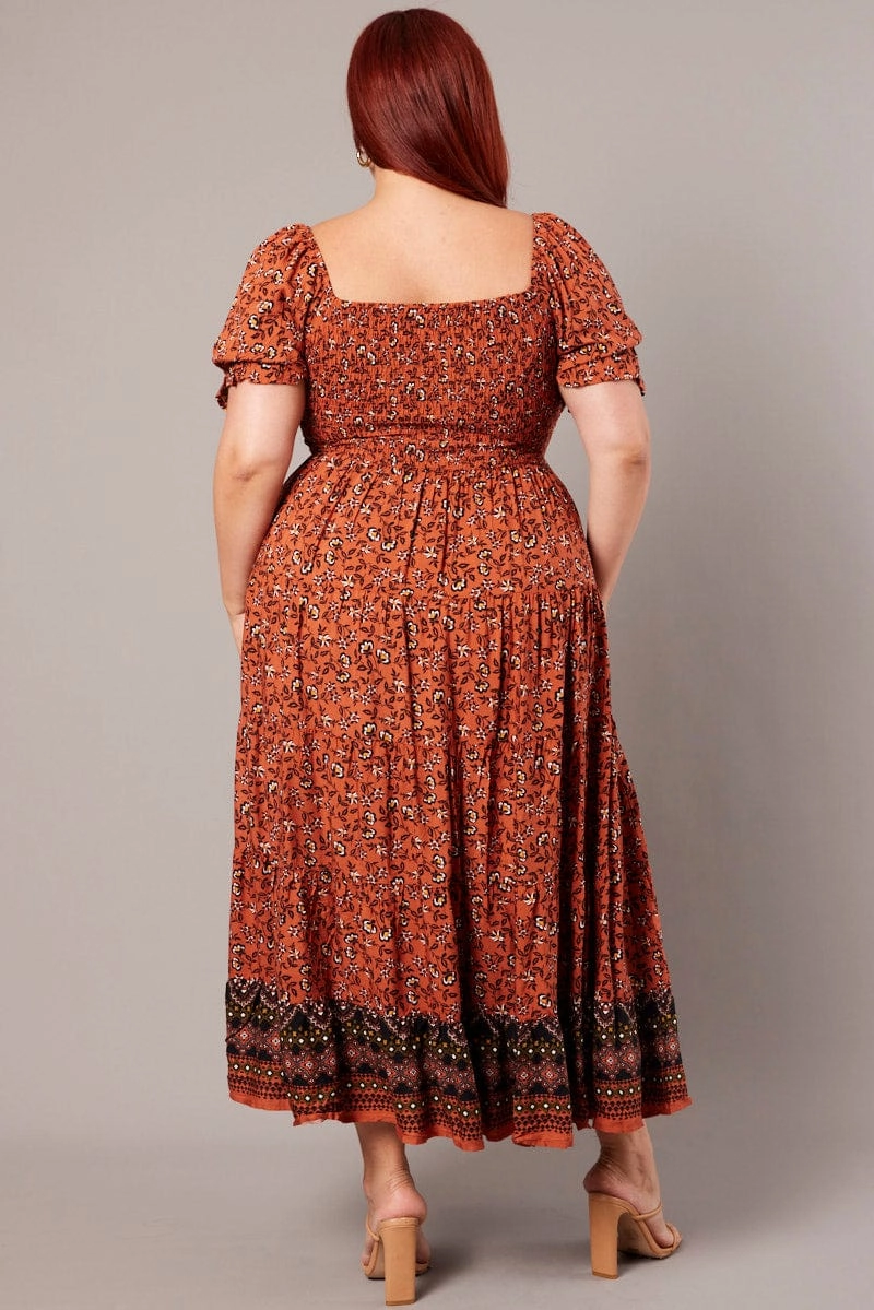Brown Boho Maxi Dress Short Sleeve Cut Out Tiered Subtle Mood