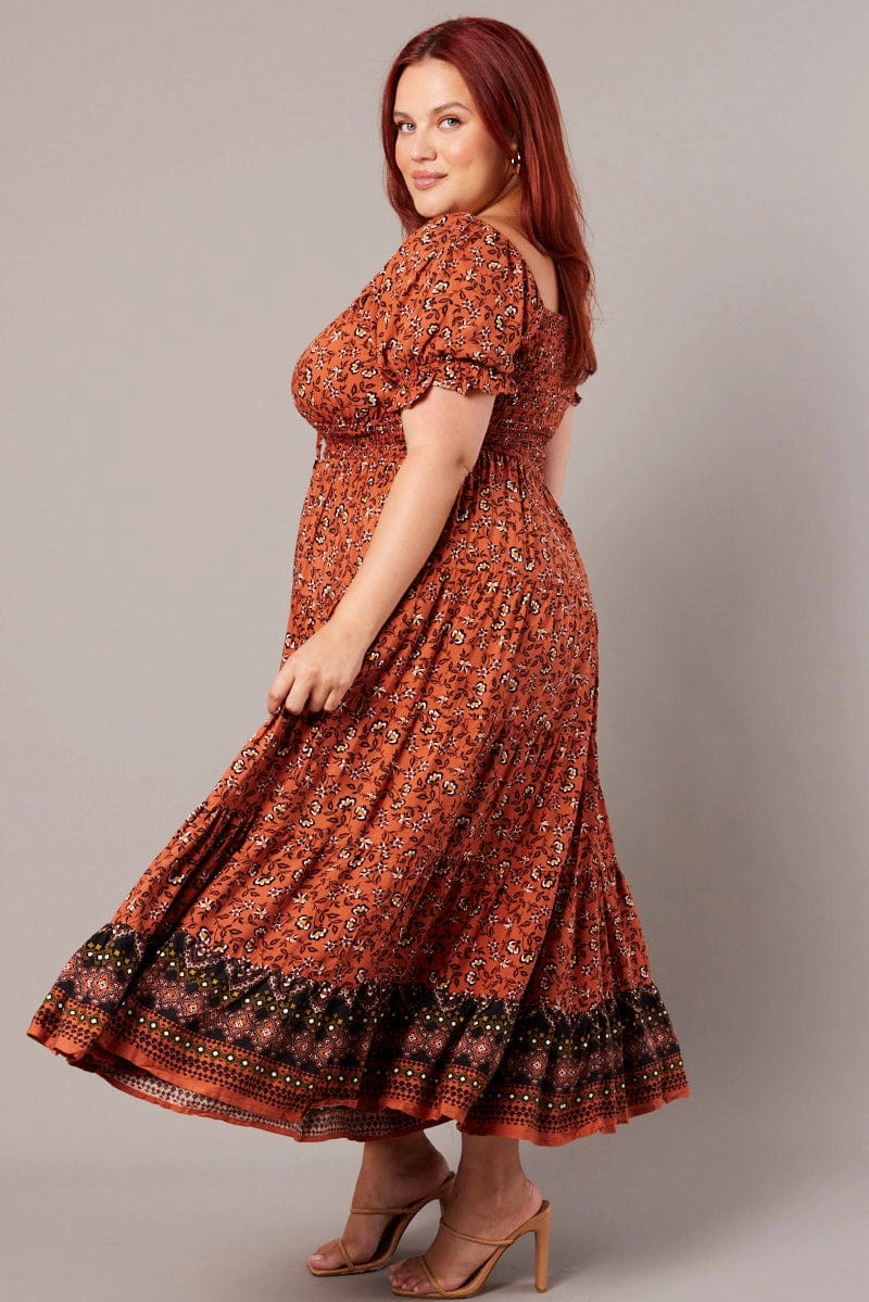 Brown Boho Maxi Dress Short Sleeve Cut Out Tiered Fold-Over-Detail Hand-Wash
