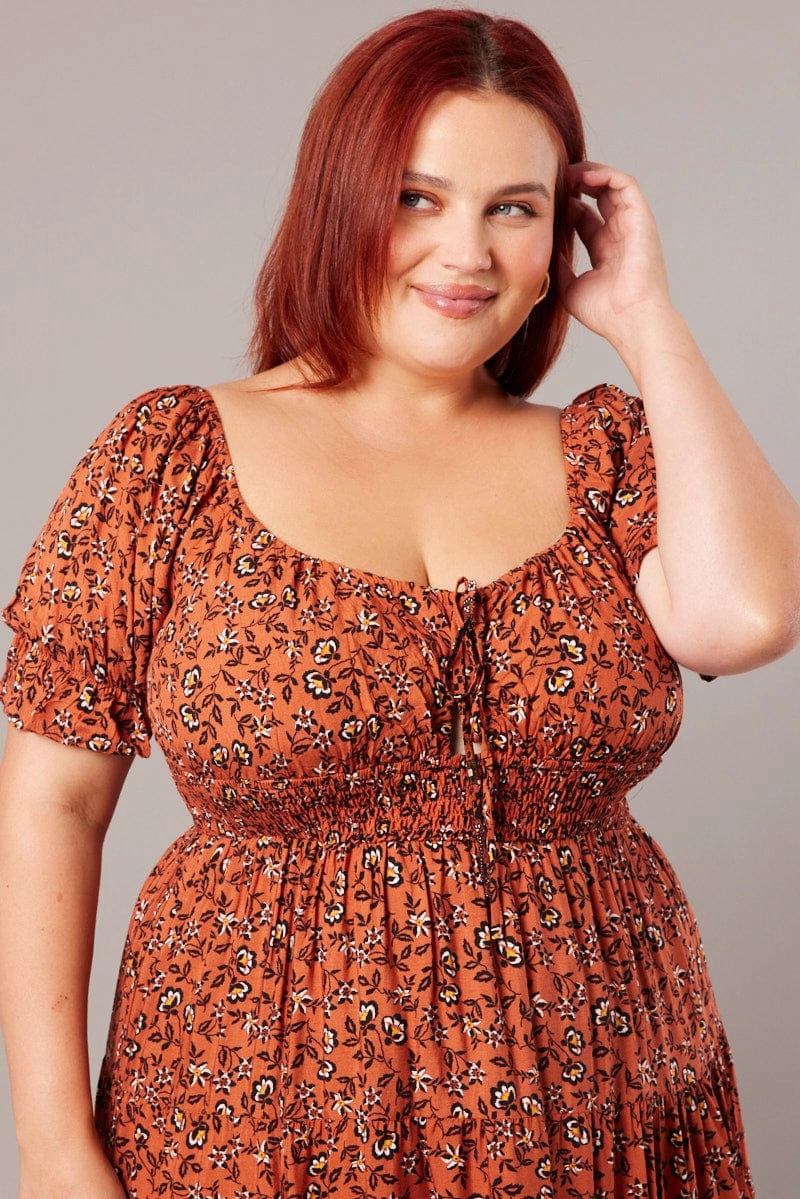 Machine-washable Easy Texture Brown Boho Maxi Dress Short Sleeve Cut Out Tiered