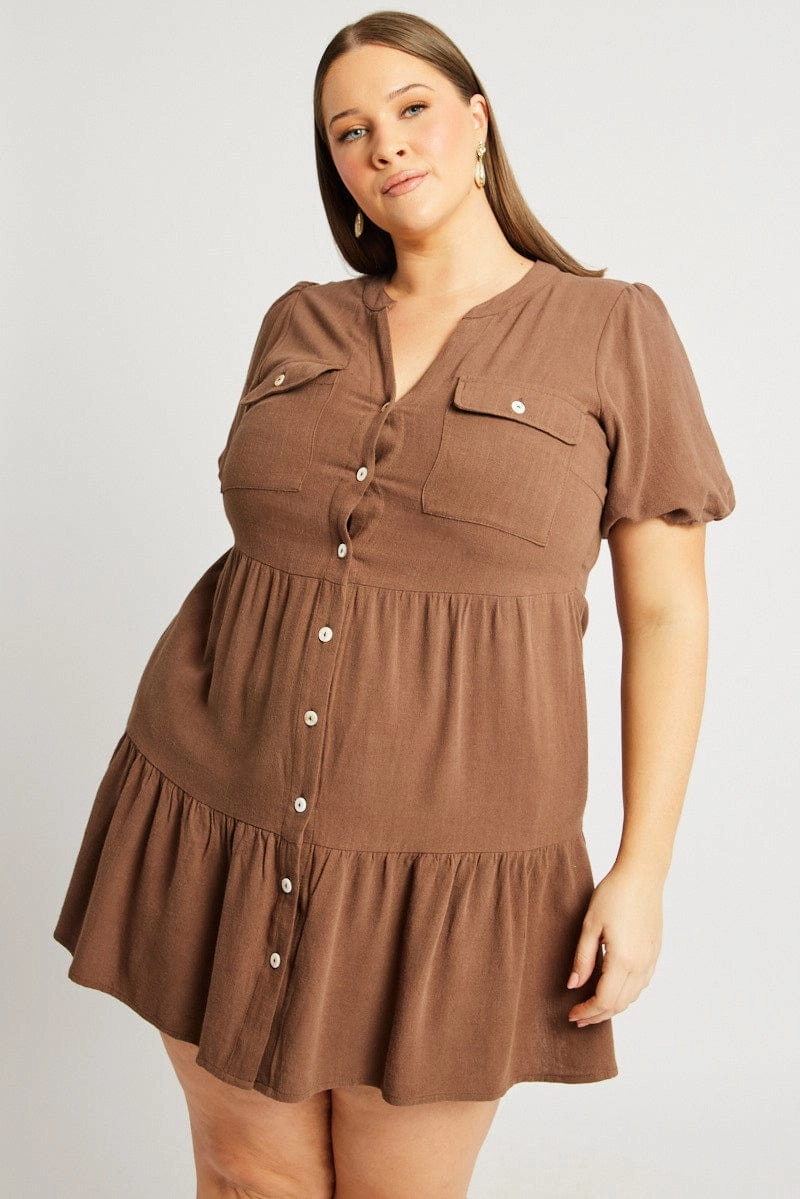 Brown Button Through Mini Dress Nehru Collar Linen Blend Multi Season