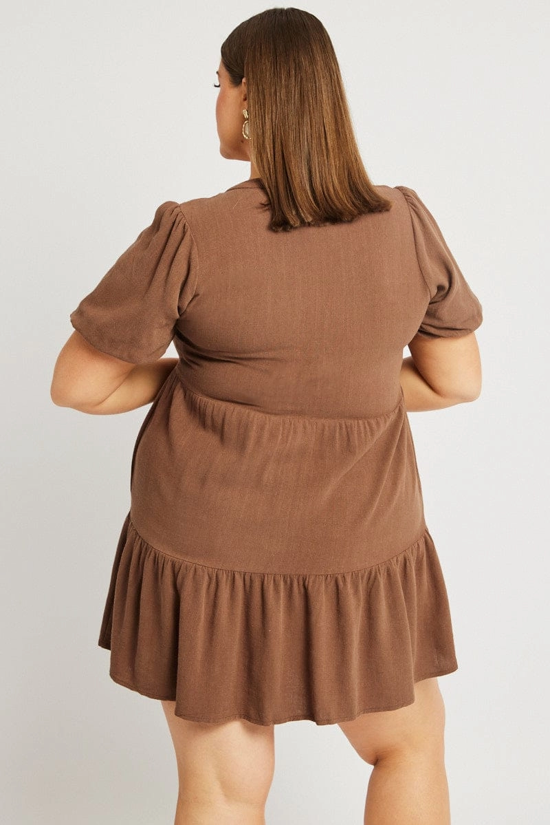 Minimalist Look Crisp Silhouette Brown Button Through Mini Dress Nehru Collar Linen Blend