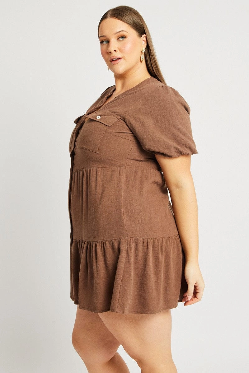 Brown Button Through Mini Dress Nehru Collar Linen Blend Cool Palette Tailored Elegance