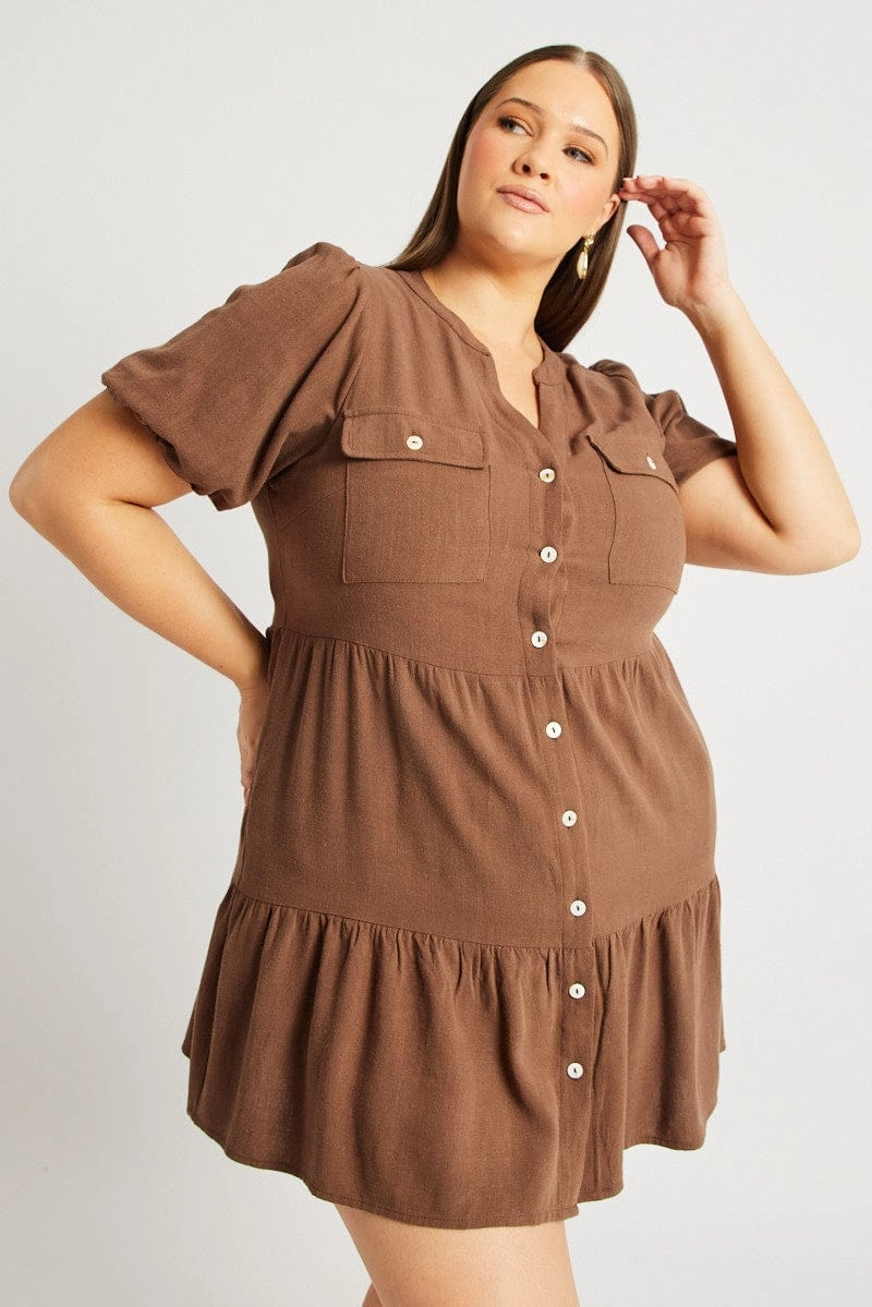 Brown Button Through Mini Dress Nehru Collar Linen Blend Side Pleats
