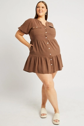 All Moments Mom Chic Brown Button Through Mini Dress Nehru Collar Linen Blend