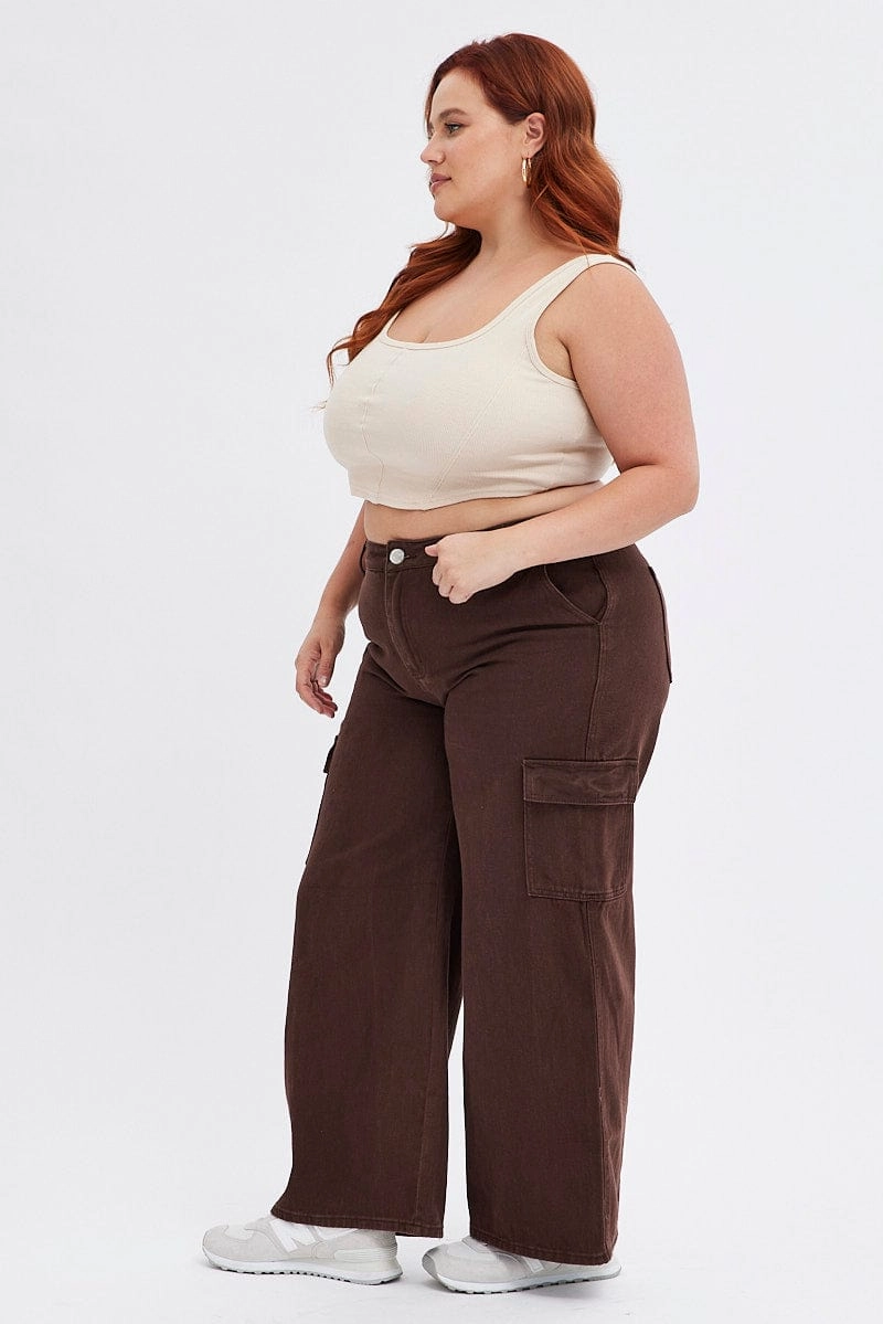 Brown Cargo Denim Jeans Mid Rise Contemporary Waistband Active Outfit