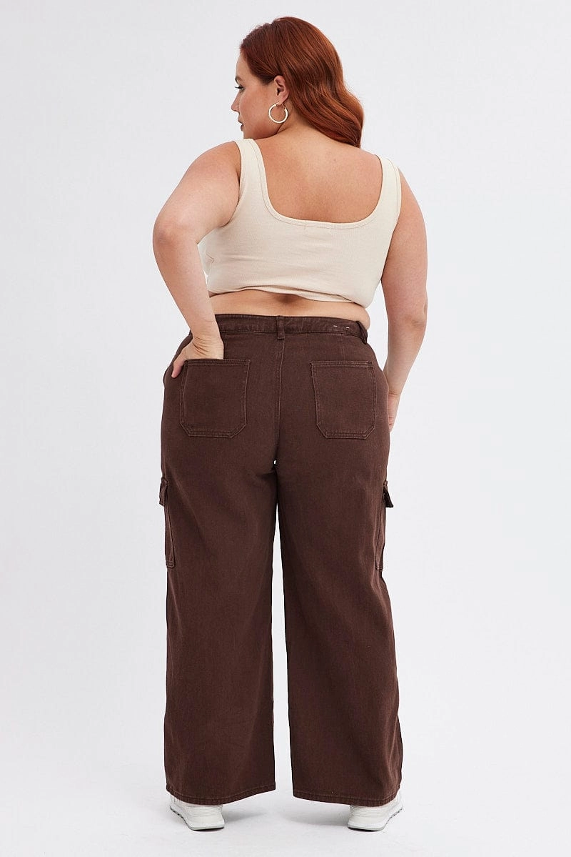 Multi Pocket Utility Holiday Vibes Stretch Brown Cargo Denim Jeans Mid Rise