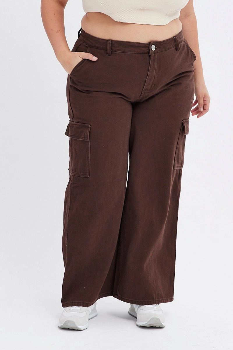 Brown Cargo Denim Jeans Mid Rise Perfect Fit Waist