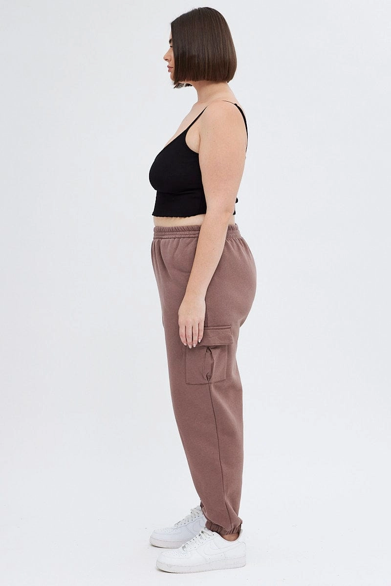 StretchWaistband Brown Cargo Pants Elastic Waist Pocket Track Style