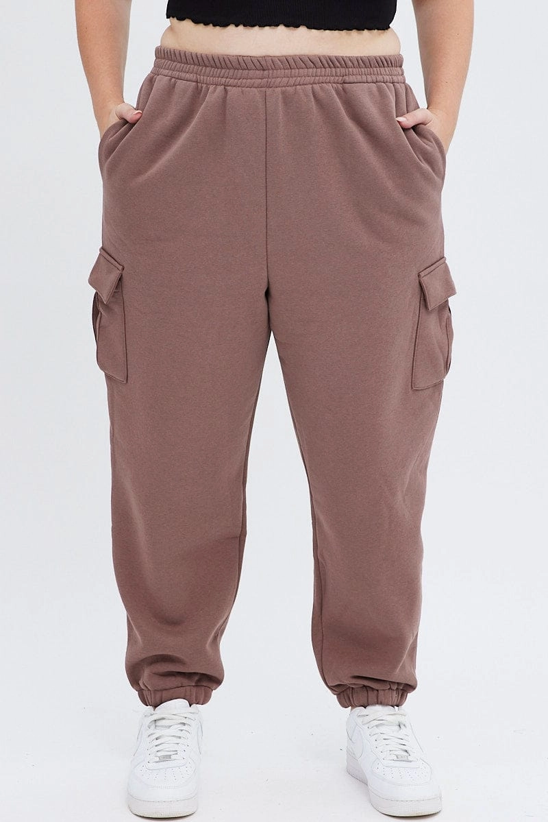 Brown Cargo Pants Elastic Waist Pocket Track Style Effortless Design Reinforced Stitching