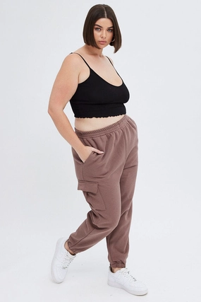 Brown Cargo Pants Elastic Waist Pocket Track Style Flexible Movement