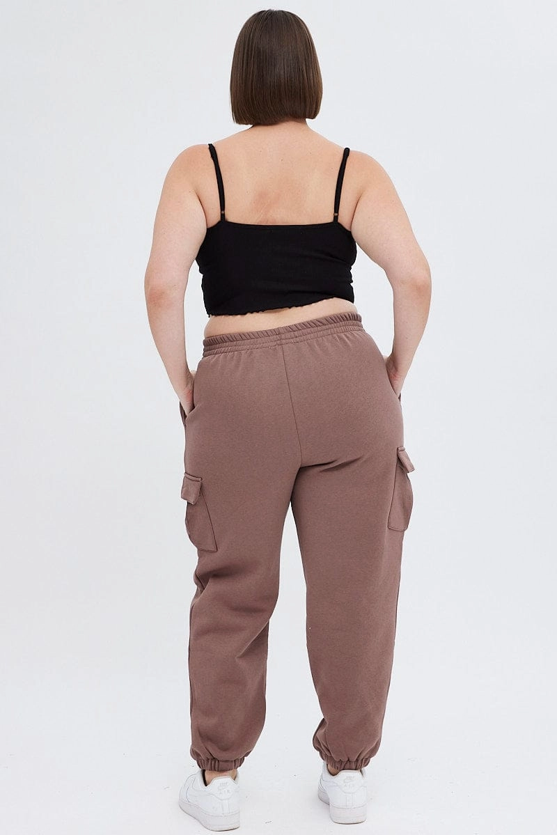 Brown Cargo Pants Elastic Waist Pocket Track Style Effortless Design