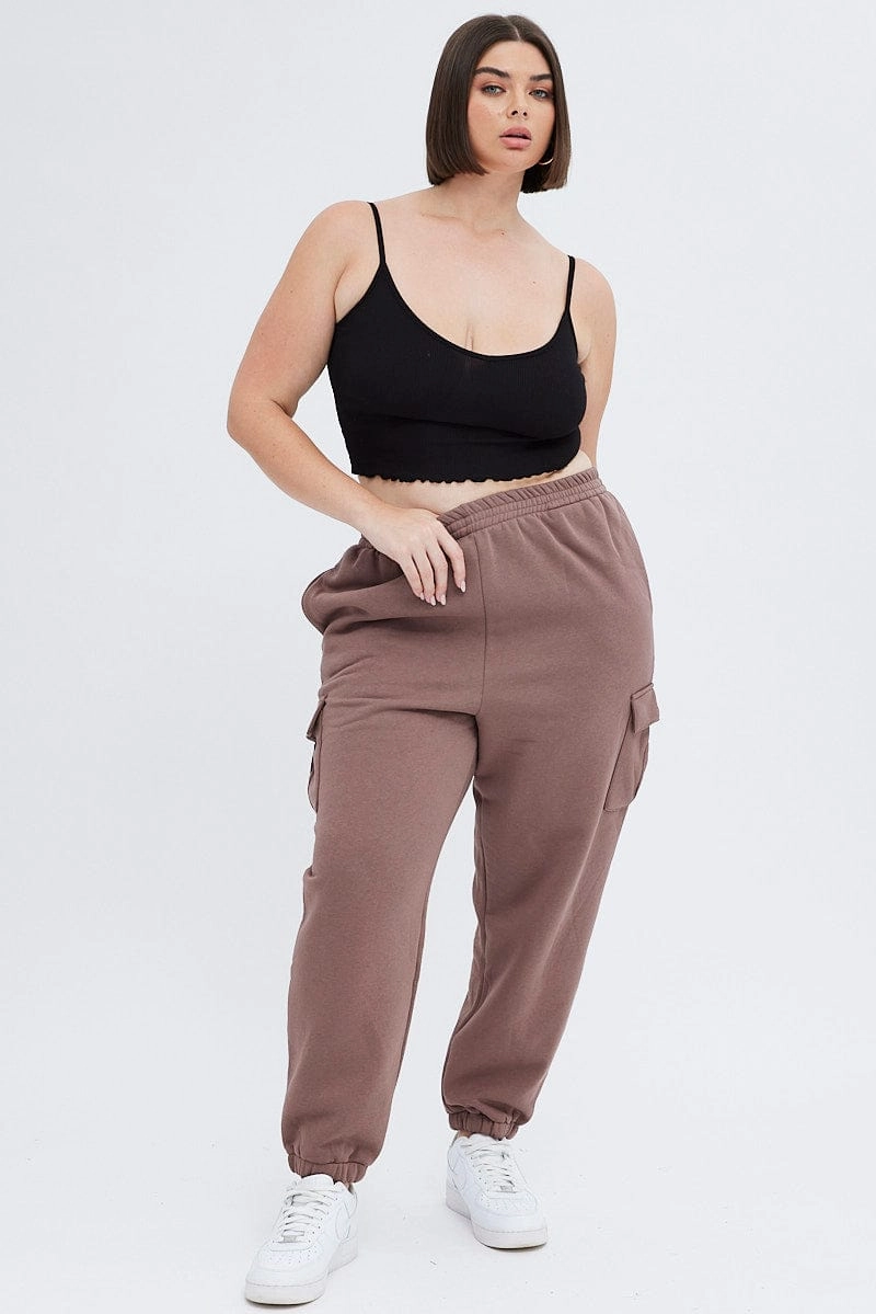 Structured Hemline Brown Cargo Pants Elastic Waist Pocket Track Style