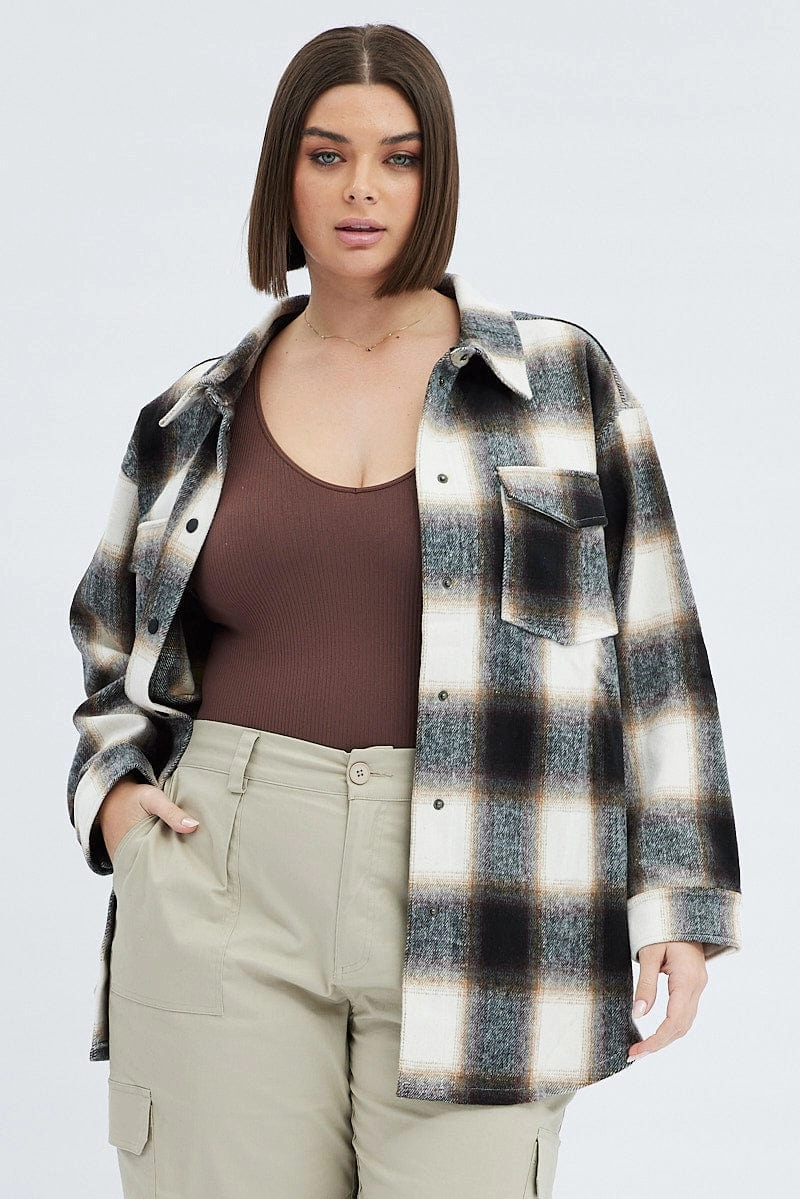 Brown Check Check Shacket Friction Reducing Lining