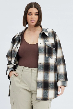 Brown Check Check Shacket Friction Reducing Lining
