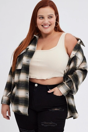 Heat Reflective Tech WaterRepellentFabric Brown Check Plaid Shacket Country Long Sleeve