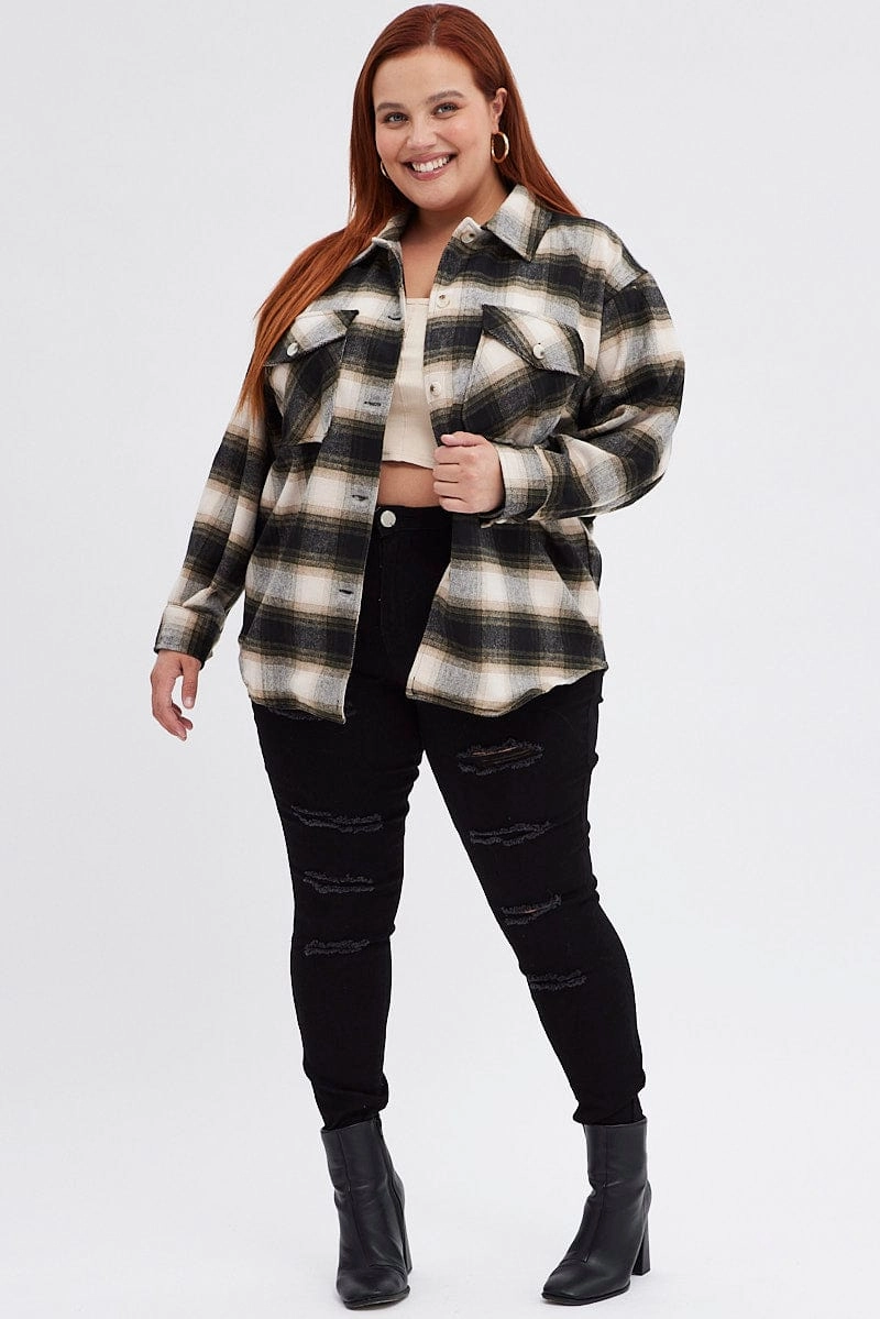ReinforcedElasticHem Brown Check Plaid Shacket Country Long Sleeve