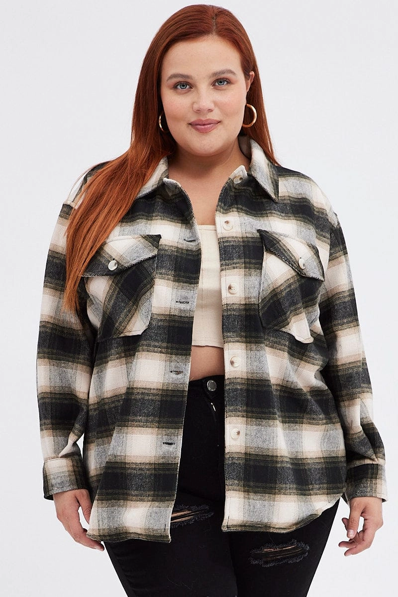 Clean Jacket Detail Windbreaker Inspired Fit Brown Check Plaid Shacket Country Long Sleeve