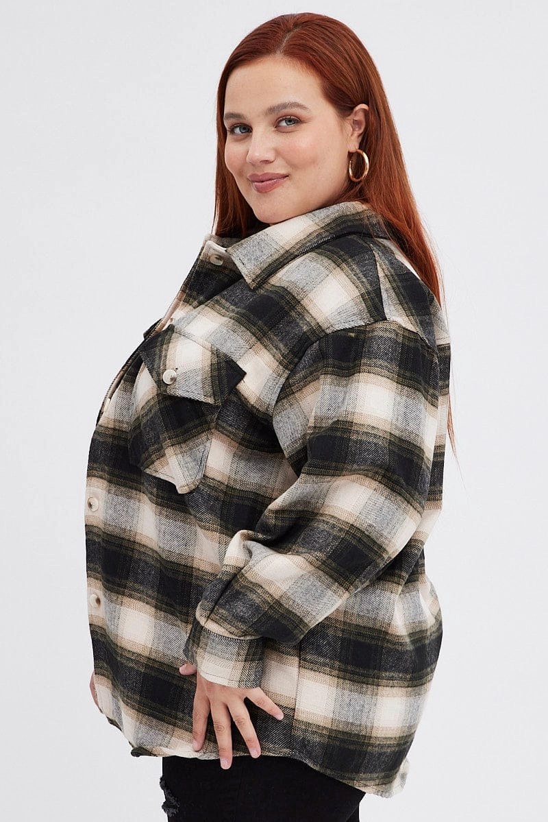 Brown Check Plaid Shacket Country Long Sleeve Easy Care Machine Washable