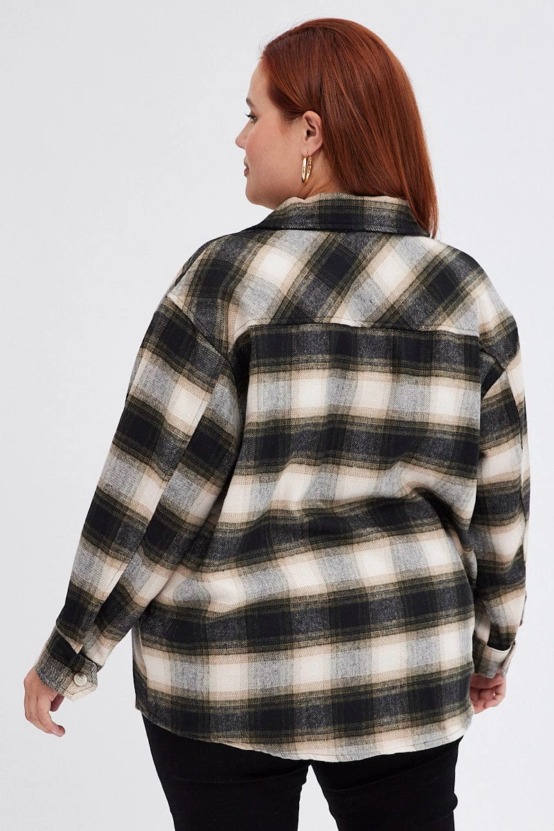 Snag Free Surface CompactFoldable Brown Check Plaid Shacket Country Long Sleeve