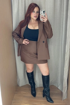 Street Style Brown Check Split Mini Skirt
