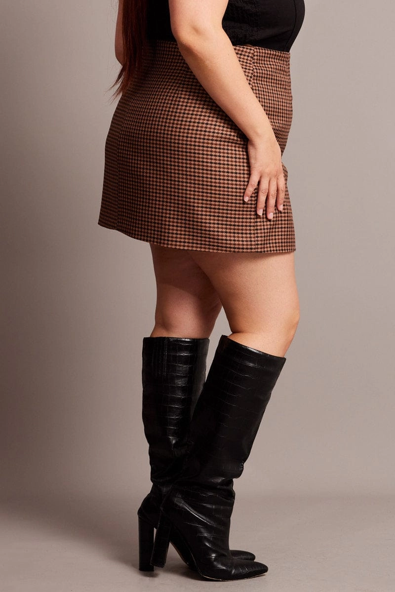Soft Aesthetic Key Feature Brown Check Split Mini Skirt
