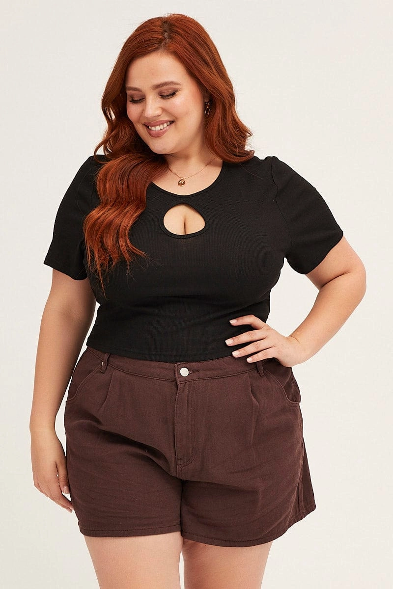 Brown Chocolate High Rise Pleats Relaxed Denim Shorts Cotton Blend Quick Fit Performance