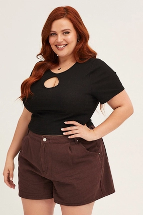 Brown Chocolate High Rise Pleats Relaxed Denim Shorts delivery work