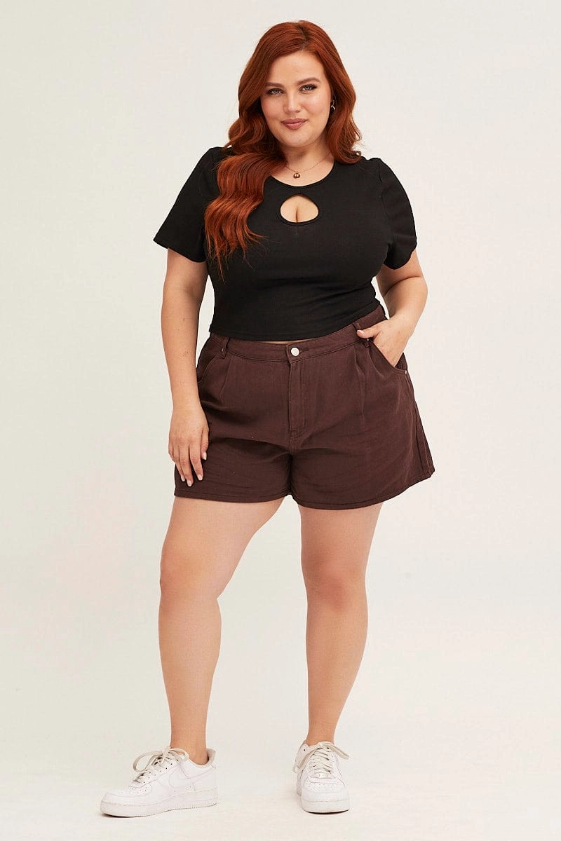 tropical style Brown Chocolate High Rise Pleats Relaxed Denim Shorts