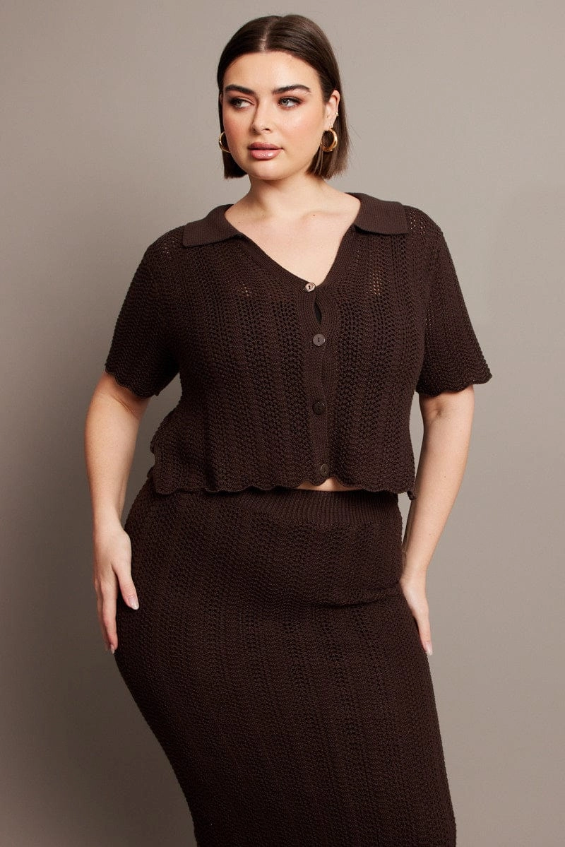 Softshell Fabric City Chill Style Brown Crochet Knit Cardigan