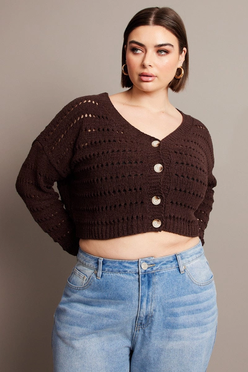 Rugged Style ElasticWaistband Brown Crochet Knit Cardigan V-neck