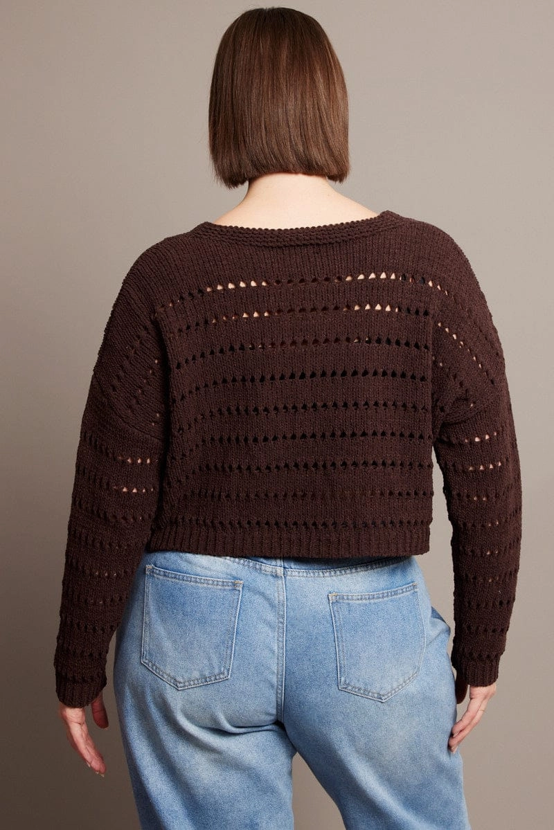 Brown Crochet Knit Cardigan V-neck Two Tone Design