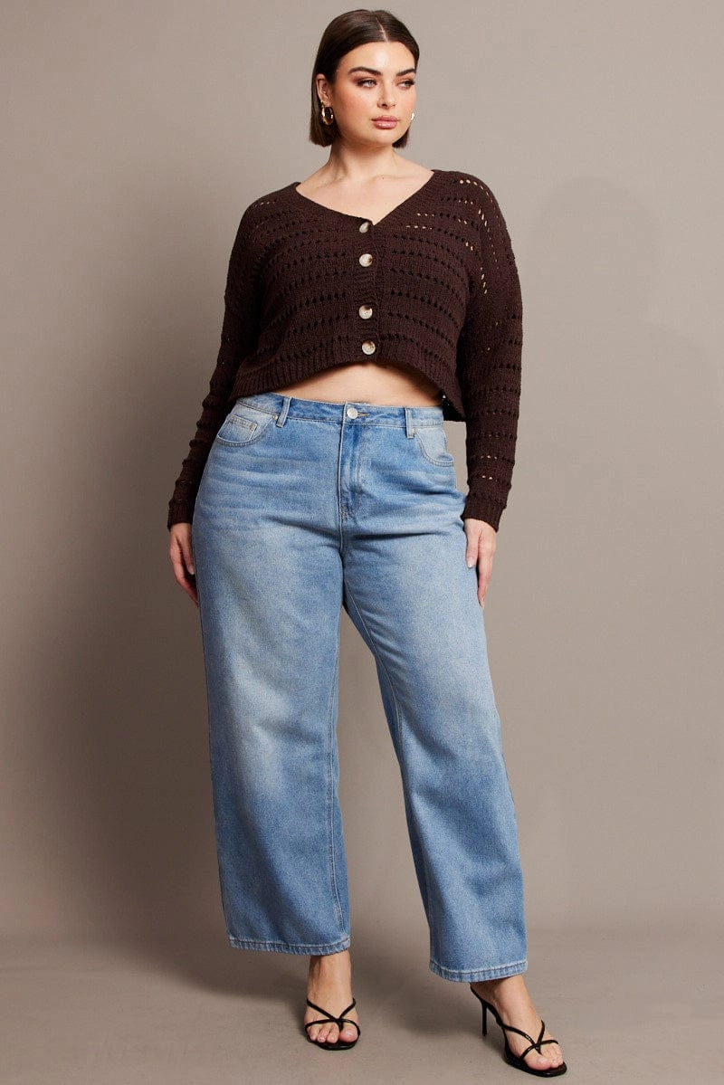 Brown Crochet Knit Cardigan V-neck MultiPocketLayout Wrinkle Free Material