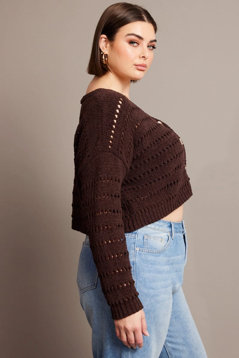 Quilted Interior Layer Brown Crochet Knit Cardigan V-neck