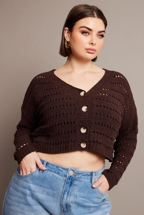 Brown Crochet Knit Cardigan V-neck Hidden Zipper