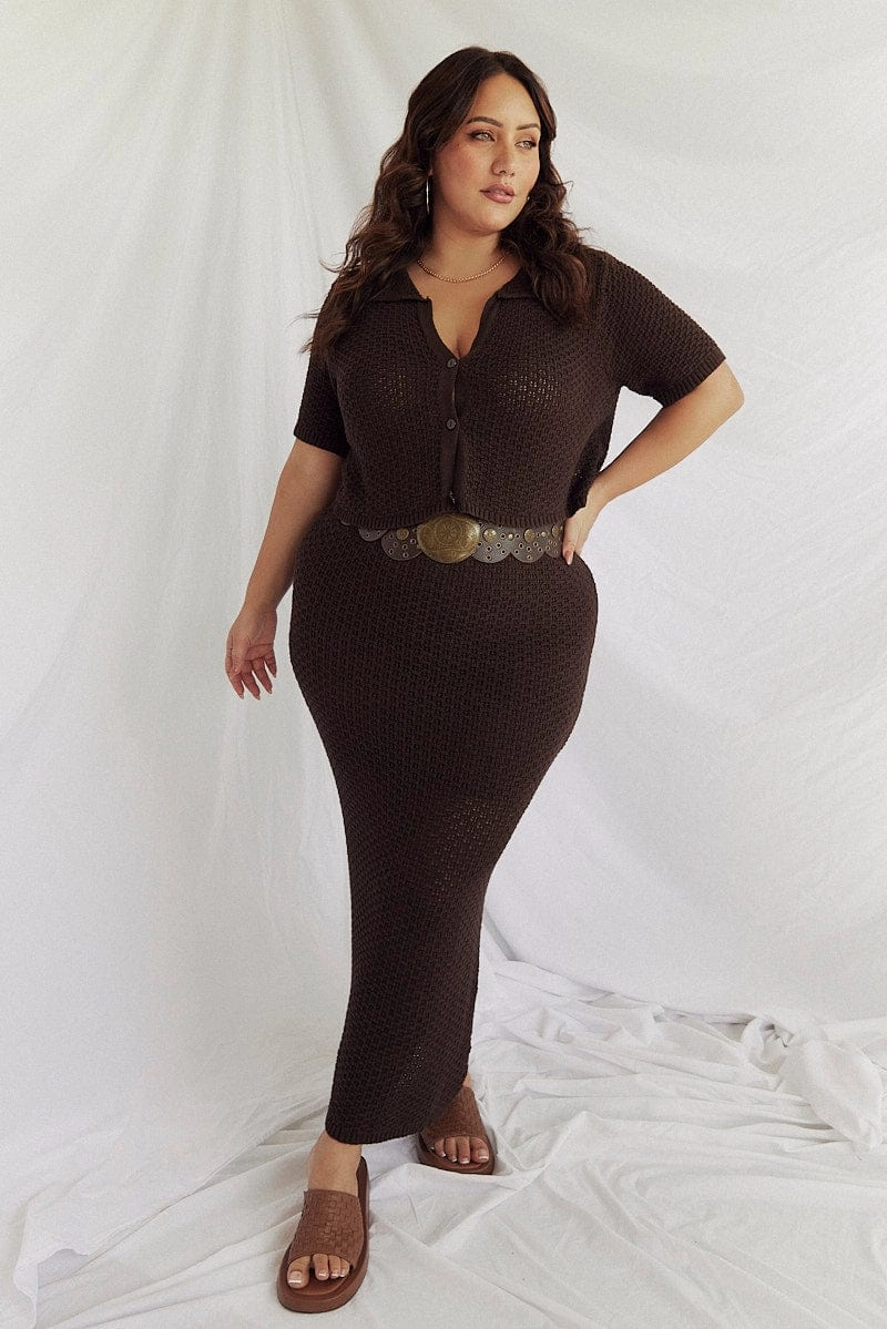 Brown Crochet Knit Midi Skirt Simple Comfort