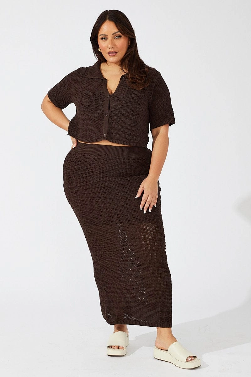 Brown Crochet Knit Midi Skirt All Season Wear