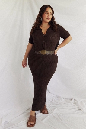 Brown Crochet Knit Midi Skirt Simple Comfort