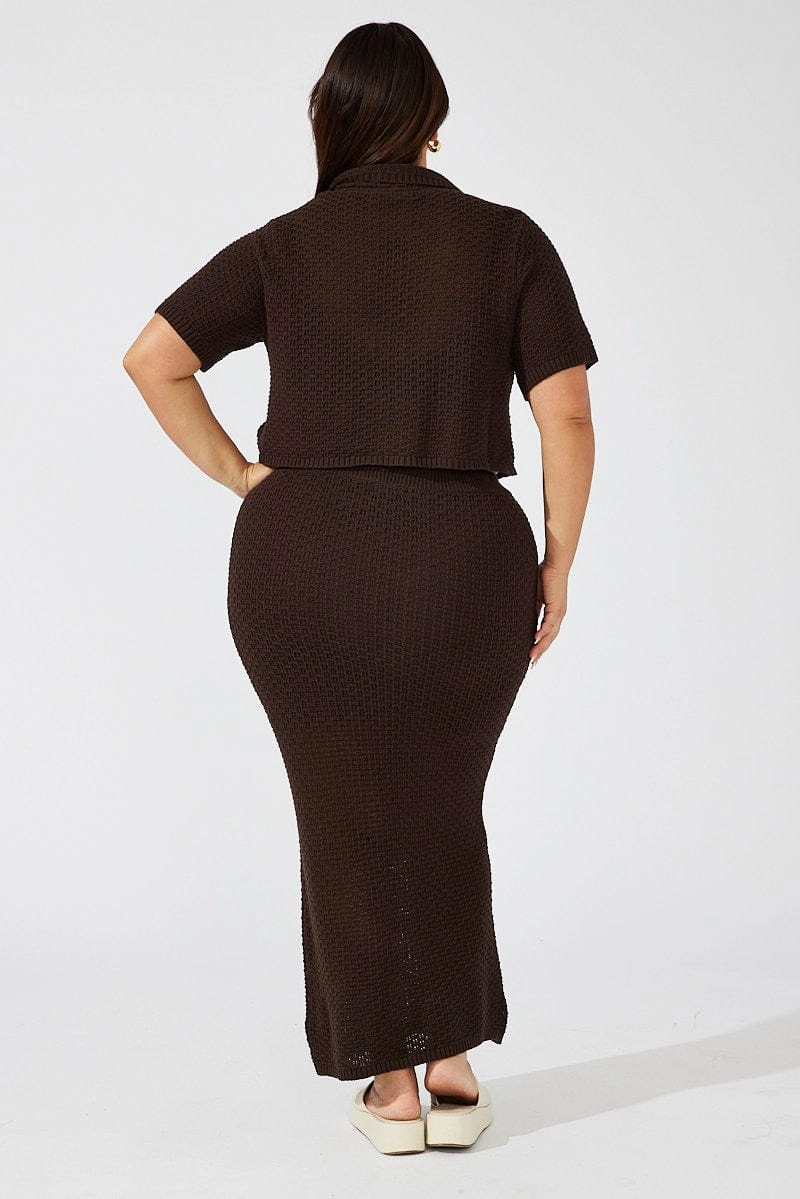 Brown Crochet Knit Midi Skirt Breezy Flow
