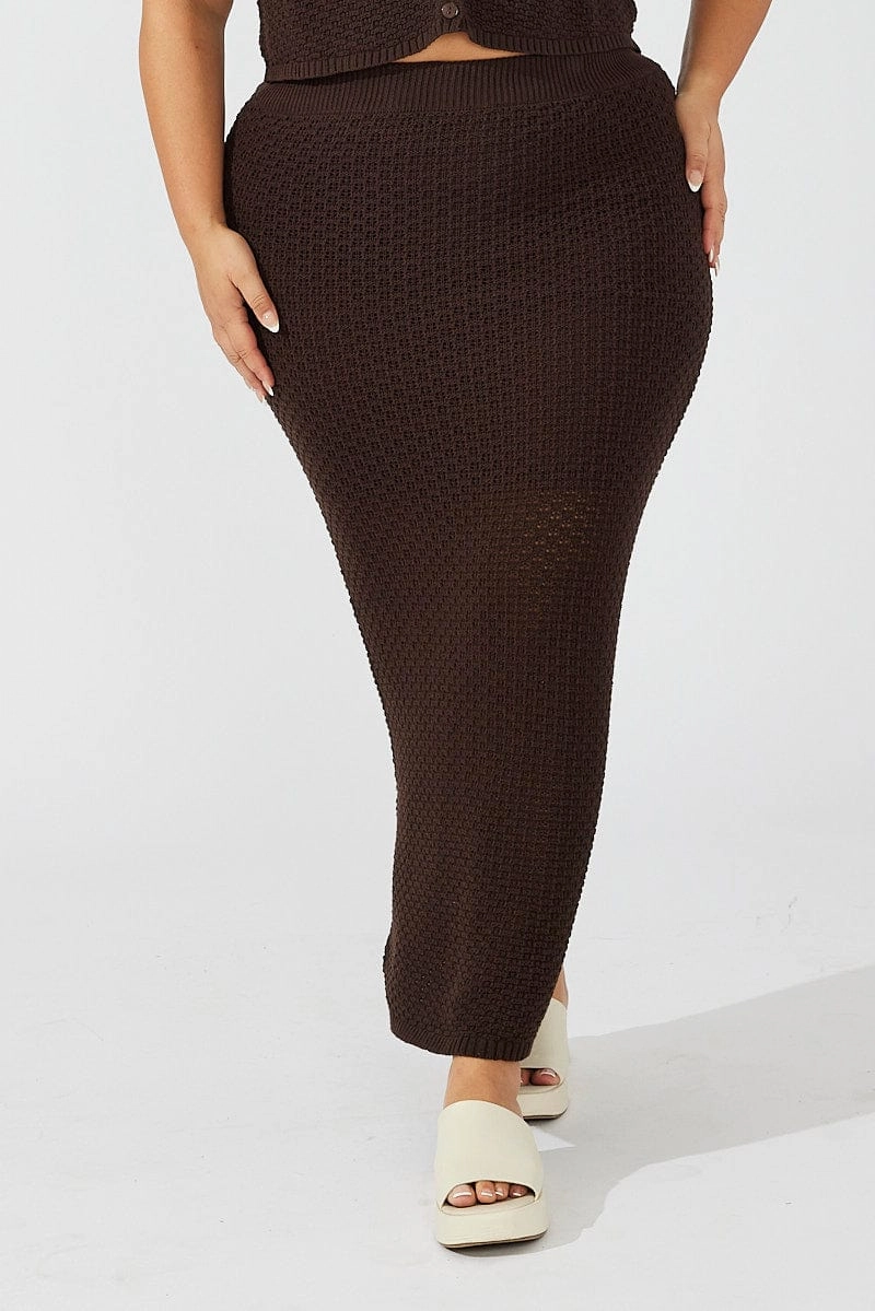Brown Crochet Knit Midi Skirt Seasonal Drop