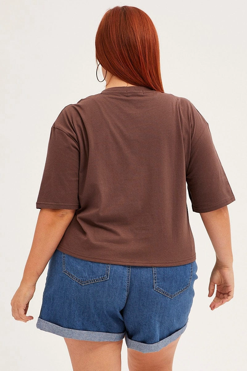 Athletic Wear Brown Crop T-shirt Short Sleeve Wild And Free Cotton