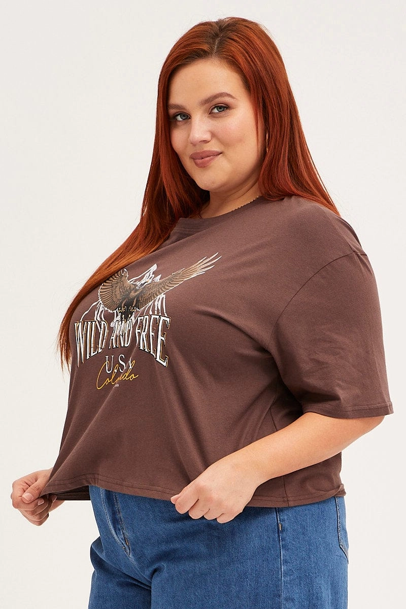Ribbed Neckline Brown Crop T-shirt Short Sleeve Wild And Free Cotton